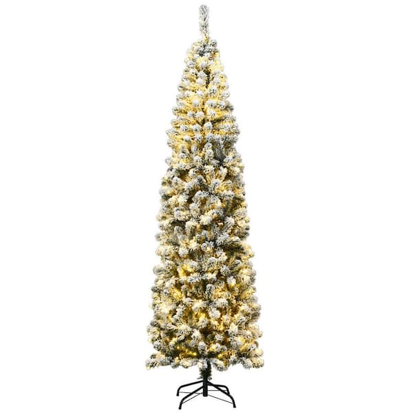 6' Pre-Lit Hinged Snow Flocked Pencil Artificial Christmas Tree w/ LED  Lights