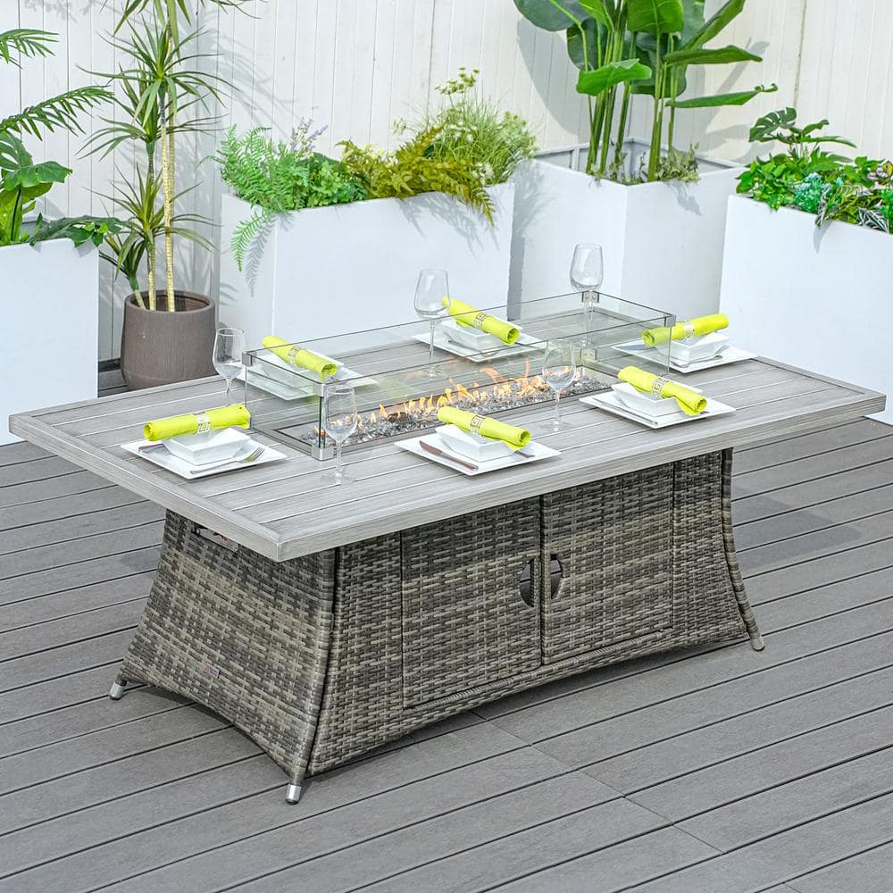 Gray Wicker and Aluminum Gas Fire Pit Table