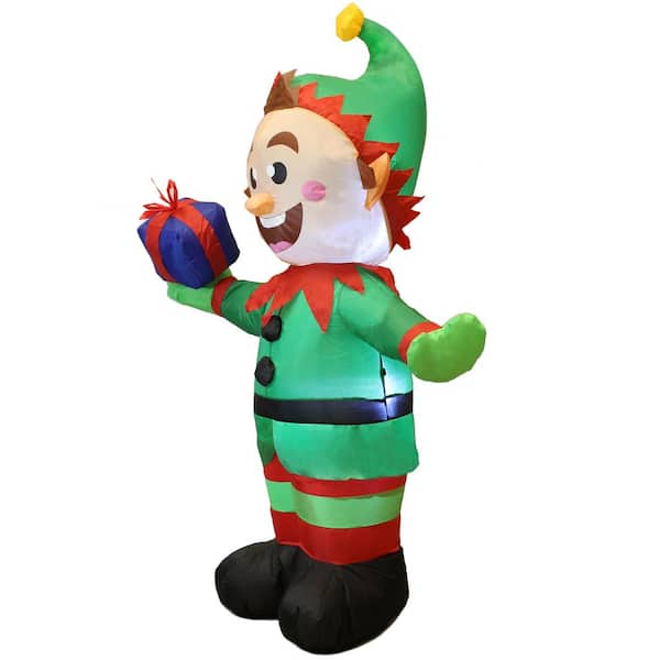 Joyfy 5 ft. Tall x 3 ft. W Green, Red, Black and Yellow Plastic Christmas Elf With Present Inflatable