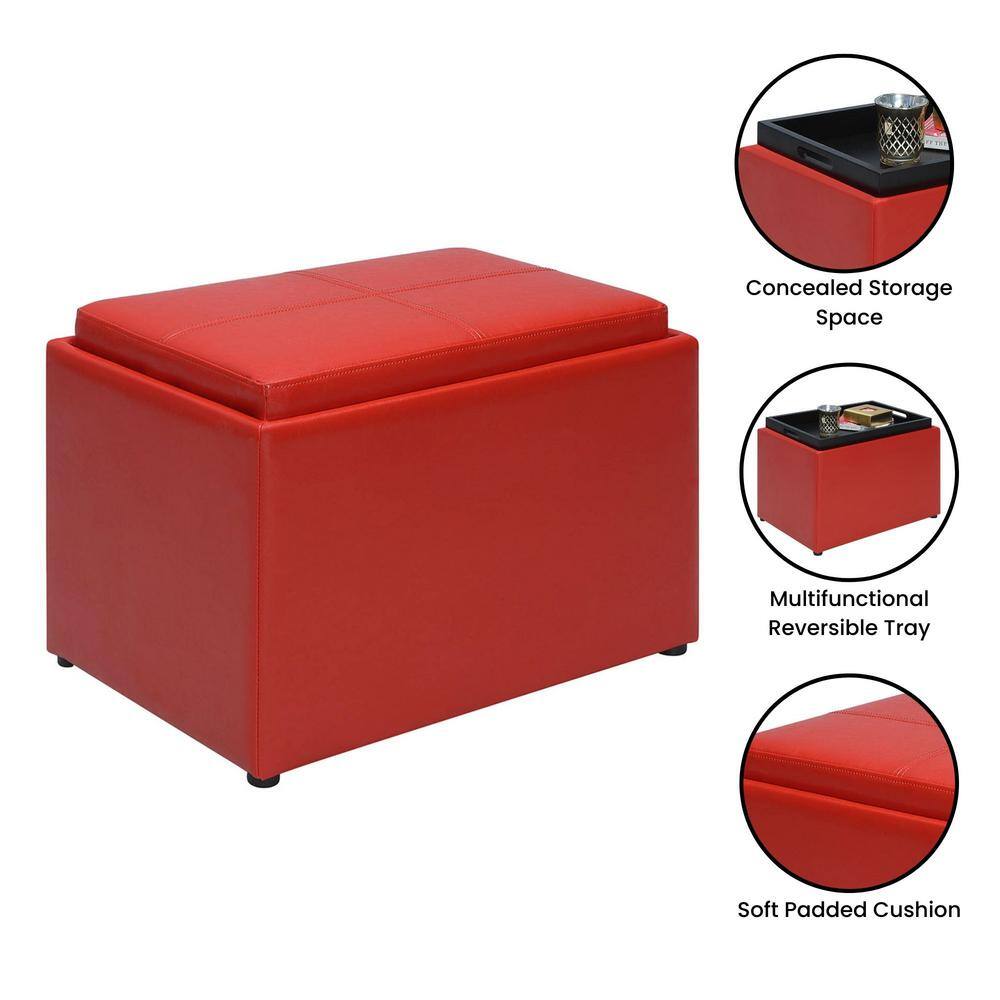 Versatile Bright Red Faux Leather Ottoman with Reversible Tray