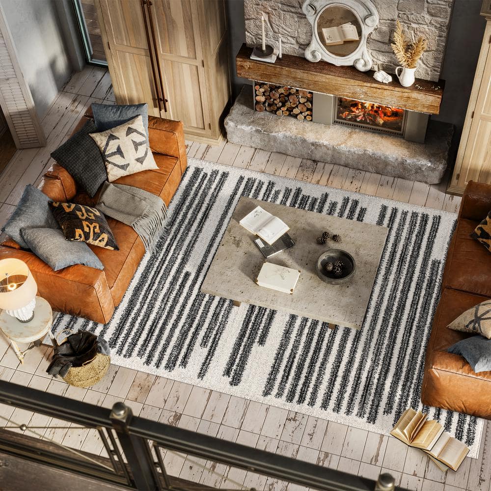 Khalil Cream and Black Striped Synthetic Area Rug