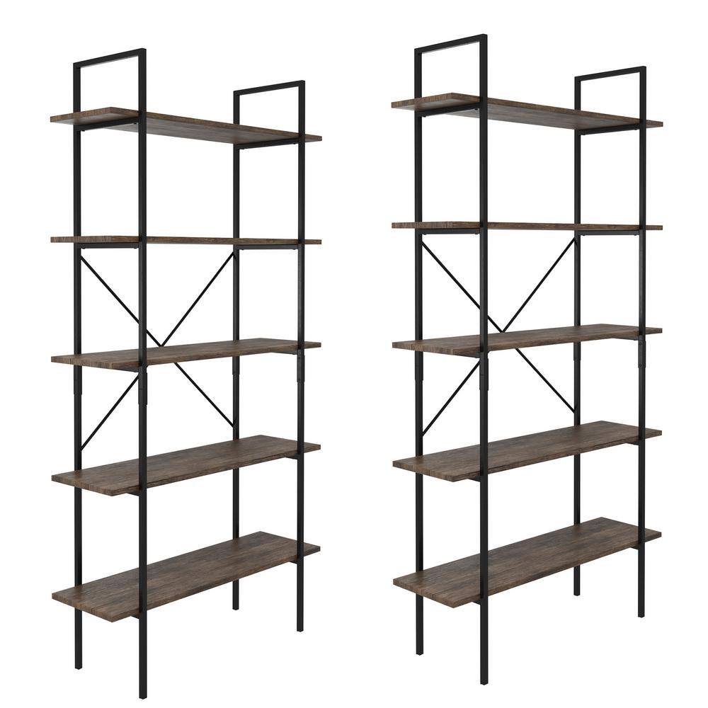 Two 5-tier industrial style wooden bookcases with black metal frames.