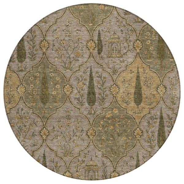 Chantille Machine Washable Indoor/Outdoor Abstract ACN3018 Olive 8 ft. x 8 ft. Round Rug