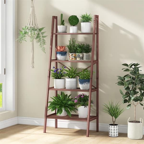 HONEY JOY 58 in. Tall Bamboo 4-Shelf Ladder Bookcase with Floor Standing Shelving Unit