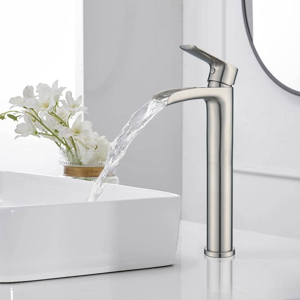 Brushed Nickel Tall Single Handle Bathroom Faucet with Waterfall Spout