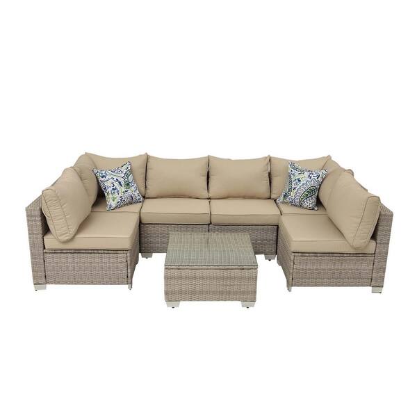 Sudzendf 7-Piece Gray Wicker Patio Conversation Set, Sofa Set and Table with Beige Cushions