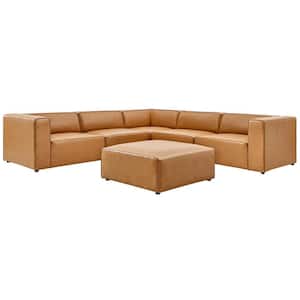 Mingle 7-Piece Tan Faux Leather L-Shaped Reversible Sectional Sofa with Elegant Trim Piping
