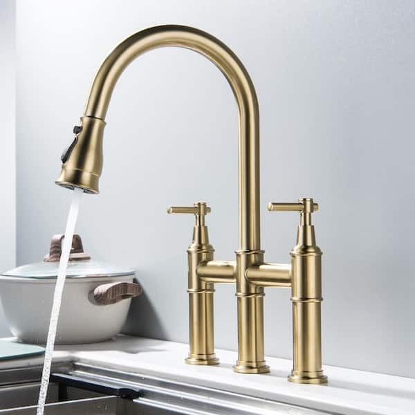 FLG Double-Handle Bridge Kitchen Faucet with Pull Down Sprayer 304 ...