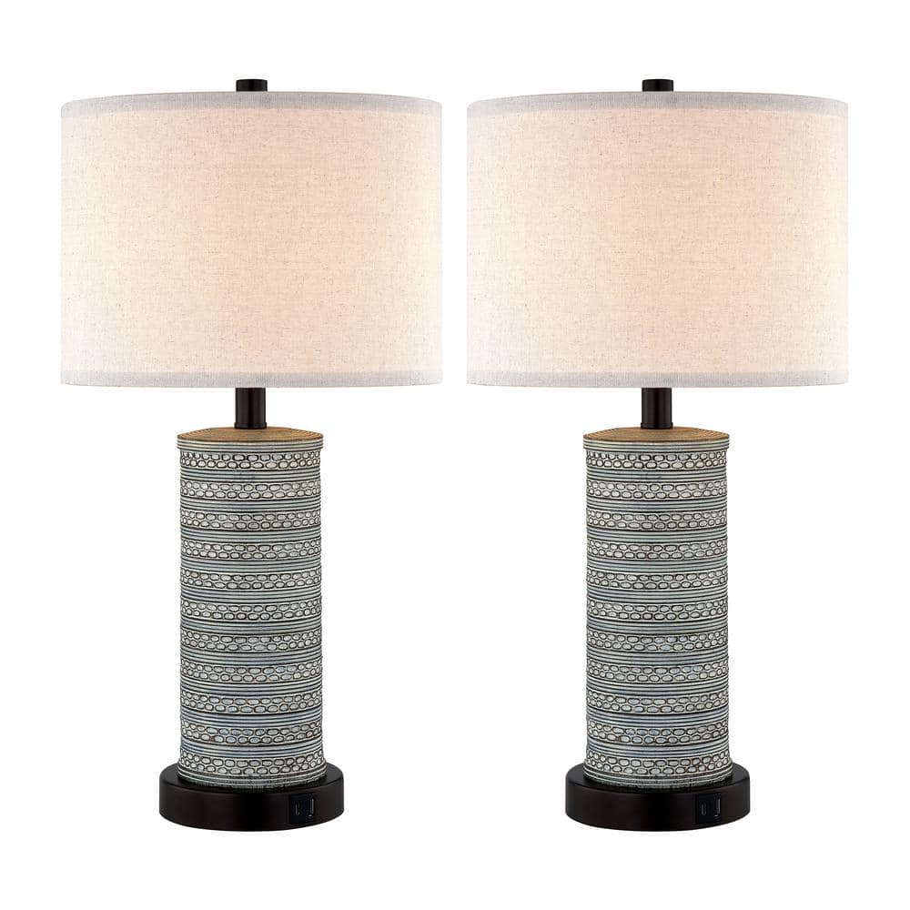 23 in. Distressed Two Tone Finish Table Lamp Set with USB Port and AC Outlet (LED Bulbs Included)