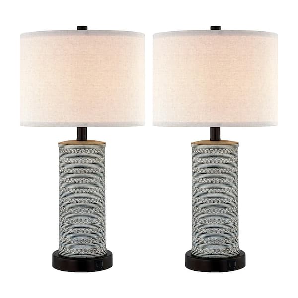 KAWOTI 23 in. Distressed Two Tone Finish Table Lamp Set with USB Port and AC Outlet (LED Bulbs Included)