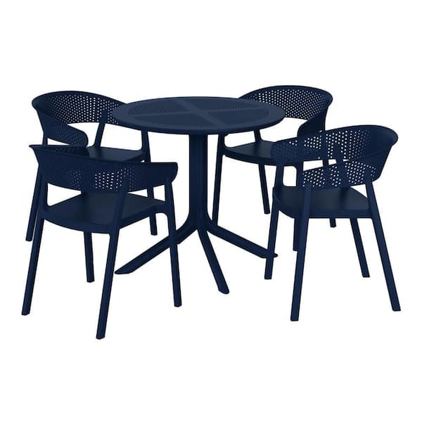 Frond and Form Modern Outdoor Patio Poly Plastic 5-Piece Round Table Dining Set with 4 Stackable Chairs in Navy Blue