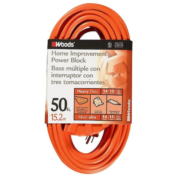 Woods 50 ft. 14/3 SJTW Multi-Outlet (3) Outdoor Heavy-Duty Extension Cord,  Orange 826 - The Home Depot