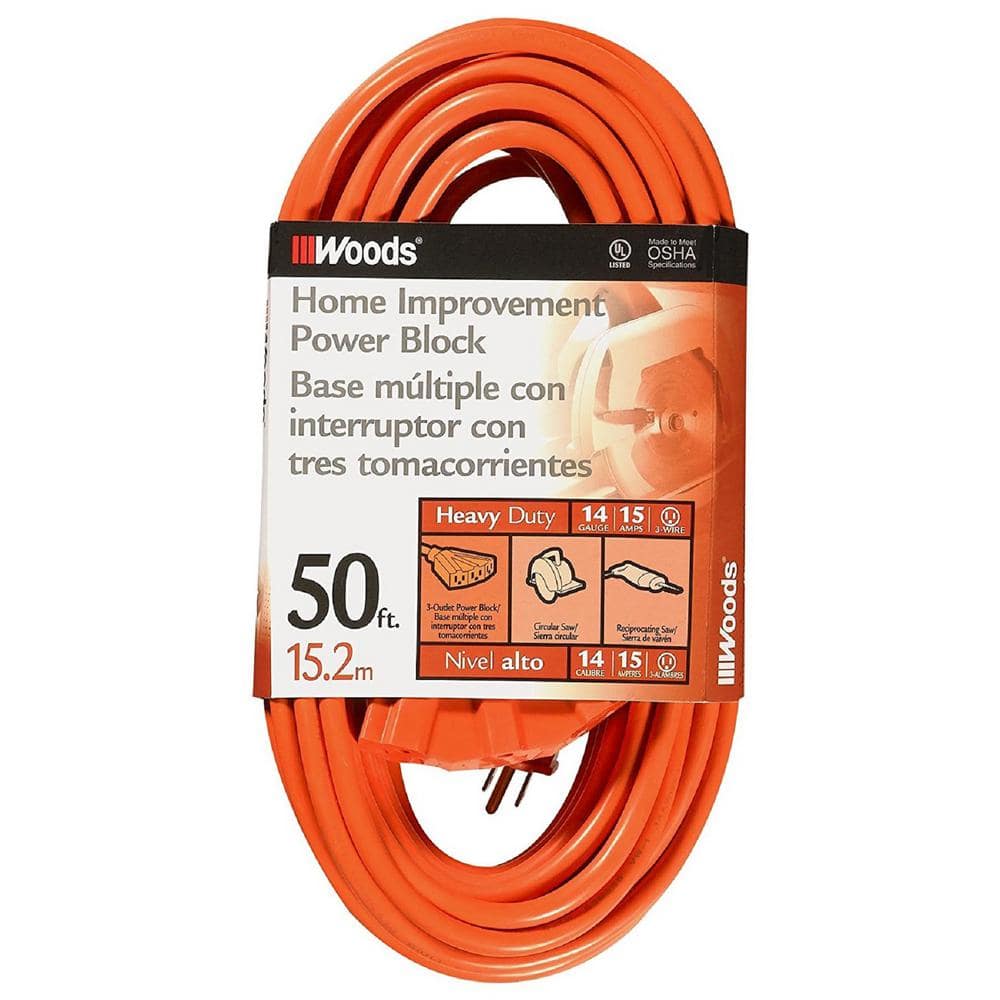 Woods 50 ft. 14/3 SJTW Multi-Outlet (3) Outdoor Heavy-Duty Extension Cord, Orange 826 - The Home Depot