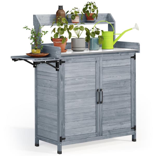DEXTRUS 44 in. W x 47 in. H Outdoor Garden Potting Bench Table Work Station Storage Cabinet with Metal Tabletop, Drawer