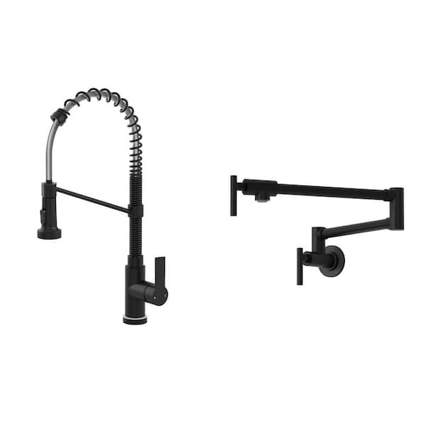 21.26 in. Pull-Down Kitchen Faucet LED Base with Wall Mounted Pot Filler in Matte Black