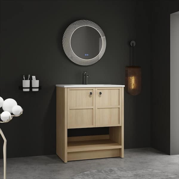 30 in. Single Sink Freestanding Oak Bath Vanity with White Ceramic Top, Open Shelf and Door Storage Cabinet Unassembled