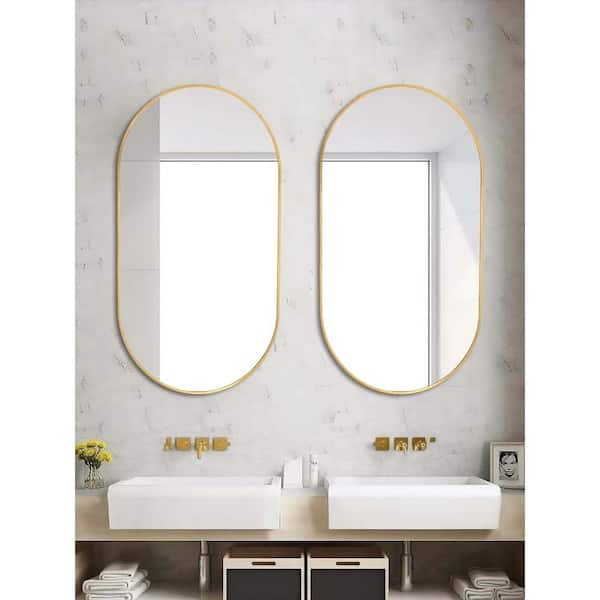 18 in. W x 28 in. H Small Rectangular Metal Framed Wall Bathroom Vanity  Mirror in Gold