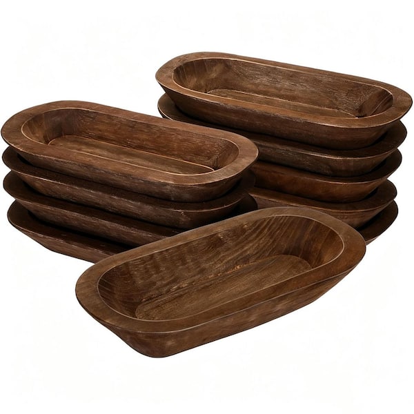 10 Pack 12.5 in. x 6.3 in. x 1.77 in. Brown Wooden Dough Bowls Bulk, Rustic Dough Bowl for Wedding DIY Candle Decoration