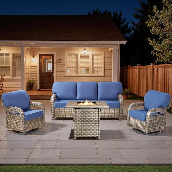 Tyber 4-Piece Gray Wicker Outdoor Patio Fire Pit Conversation Set with Swivel Rocking Glider with 5 in. Blue Cushions