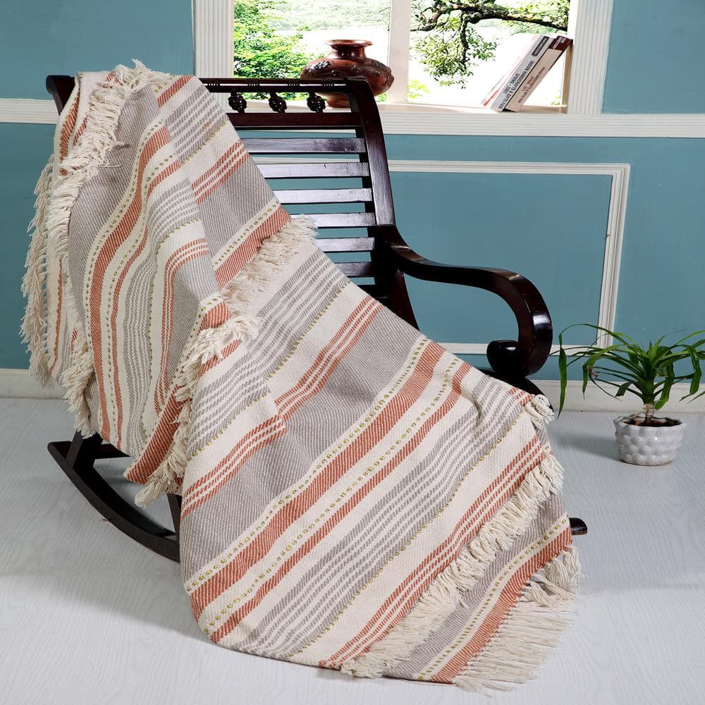 Rust and Gray Striped Cotton Knitted Throw Blanket