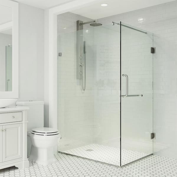 VIGO Pacifica 46 in. L x 34 in. W x 73 in. H Frameless Pivot Rectangle Shower Enclosure in Brushed Nickel with Clear Glass