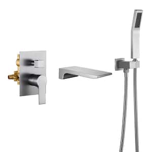 Single Handle Wall-Mount Roman Tub Faucet with Handheld Shower and Waterfall Spout Pressure Balance in Brushed Nickel