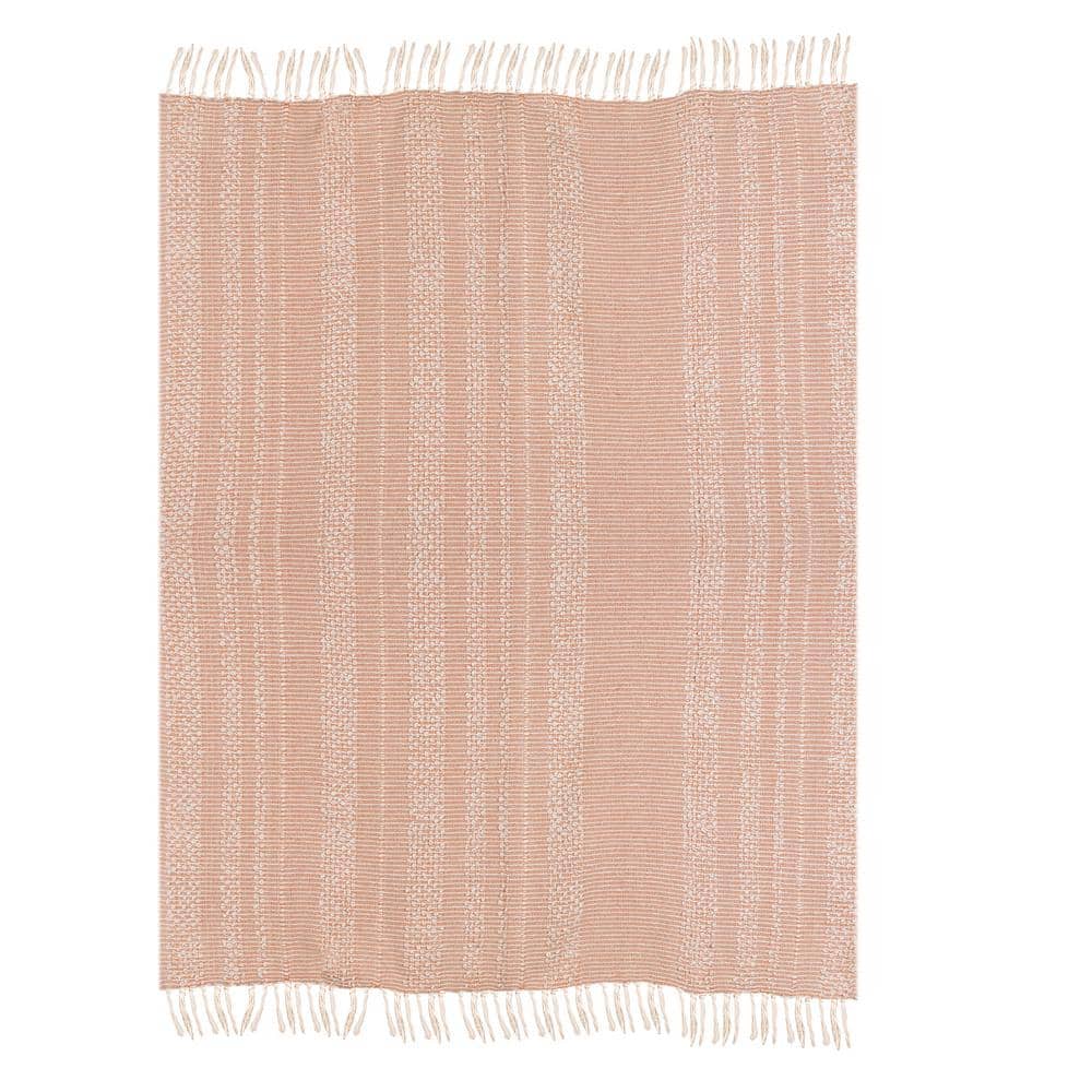 Blush and White Cotton Knotted Fringe Throw Blanket, 50x60
