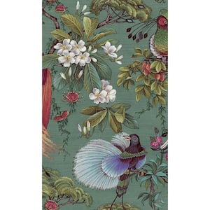 Green Painted Oriental Birds and Trees Tropical Shelf Liner Non-Woven Wallpaper Double Roll (57 sq. ft.)