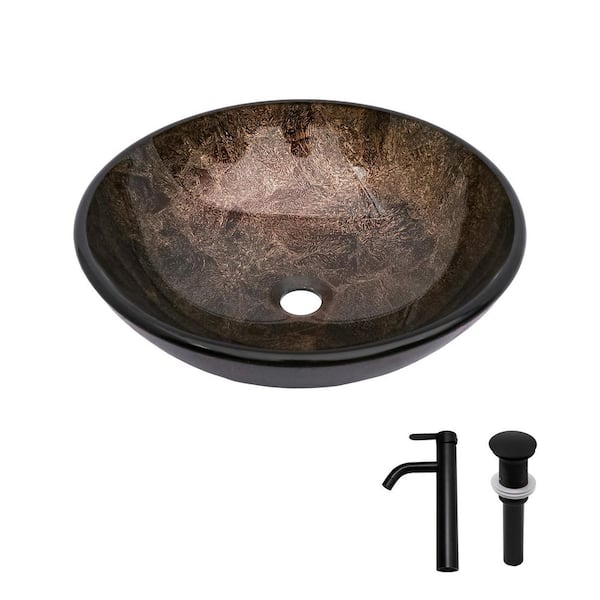 16.5 in. Artistic Tempered Glass Vessel Bathroom Sink in Brown with Black Faucet and Pop-Up Drain, Oval Basin