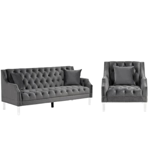Morden Fort 2-Piece Gray Living Room Couches Fabric Dutch Velvet, Chair Sofa Top