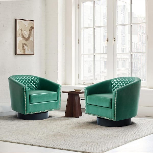Uixe Mid-Century Green PU Leather 360° Swivel Accent Arm Chair with Nailhead Trim (Set of 2)