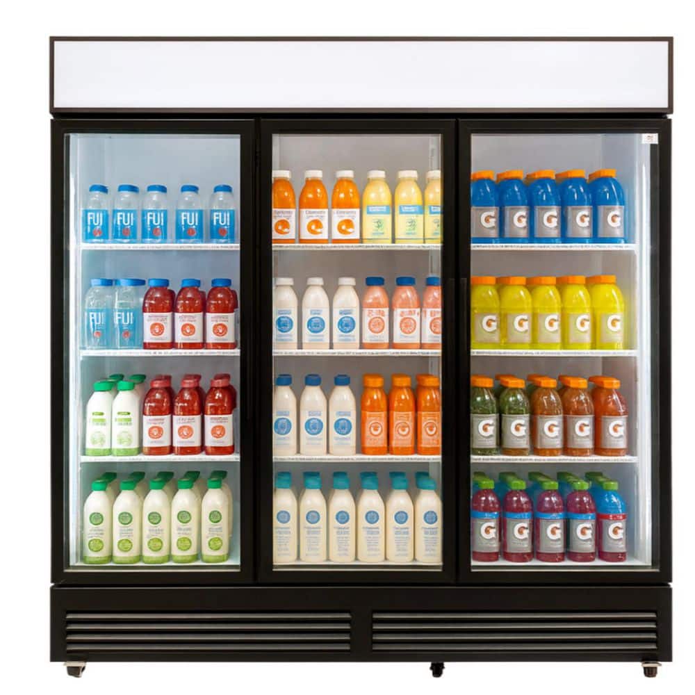 74 in. 49 cu. ft. 3 Door Commercial Refrigerator in Black Steel with Glass Door