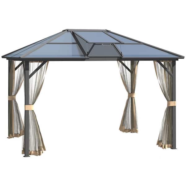 10 ft. x 12 ft. Hardtop Gazebo Canopy with Polycarbonate Roof, Top Vent and Aluminum Frame, Netting, Permanent Pavilion