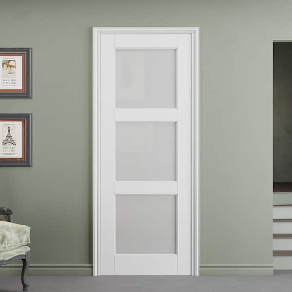 30 in. x 80 in. 3-Lite Tempered Frosted Glass White Primed Solid Core Manufacture Wood Interior Door Slab
