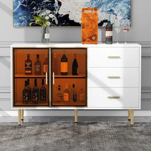 60 in. W x 16 in. D x 36 in. H White Linen Cabinet Sideboard With Glass Doors and Gold Metal Legs