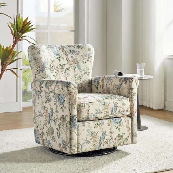 JAYDEN CREATION Georg Bird Floral Fabric Shakeable Swivel Chair with Roll Armrest