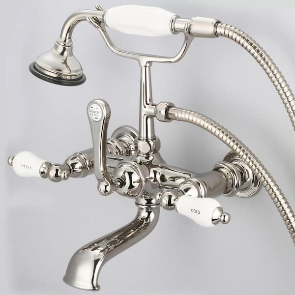 Water Creation 3-Handle Claw Foot Tub Faucet with Labeled Porcelain Lever Handles and Handshower in Polished Nickel PVD