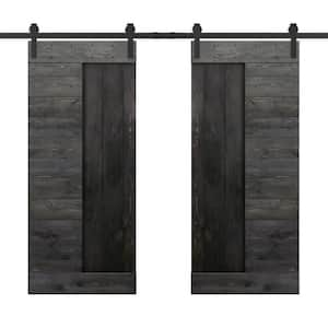 48 in. x 84 in. Charcoal Black Stained DIY Knotty Pine Wood Interior Double Sliding Barn Door with Hardware Kit