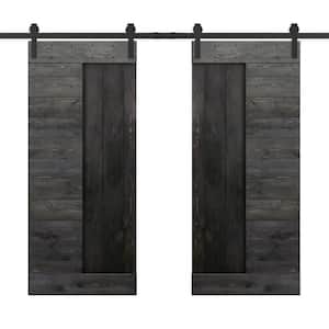 60 in. x 84 in. Charcoal Black Stained DIY Knotty Pine Wood Interior Double Sliding Barn Door with Hardware Kit