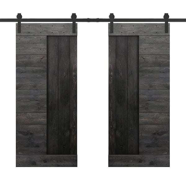 CALHOME 72 in. x 84 in. Charcoal Black Stained DIY Knotty Pine Wood Interior Double Sliding Barn Door with Hardware Kit