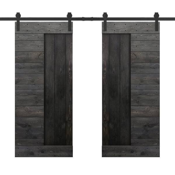 CALHOME 76 in. x 84 in. Charcoal Black Stained DIY Knotty Pine Wood Interior Double Sliding Barn Door with Hardware Kit