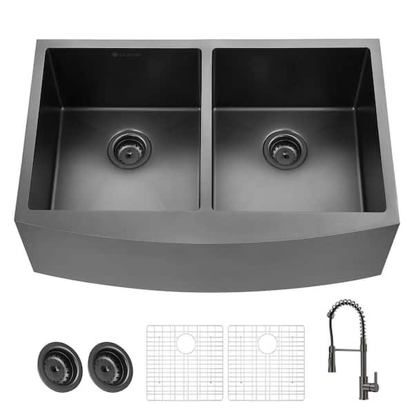 Glacier Bay 33 in. Farmhouse/Apron-Front Double Bowl 18 Gauge Gunmetal Black Stainless Steel Kitchen Sink with Spring Neck Faucet
