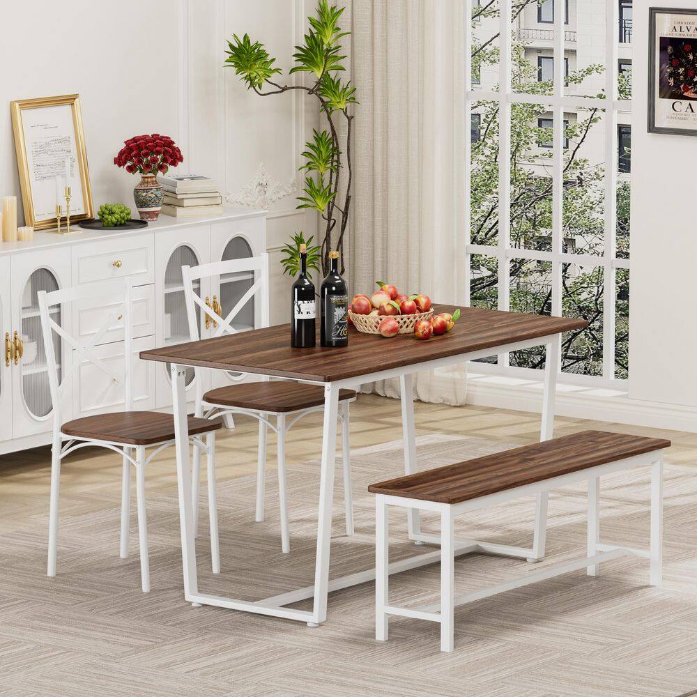 4-Piece Walnut Wood and Steel Dining Set for Indoor/Outdoor-Sturdy, Stylish and Space-Saving, a Table, a Bench, 2-Chairs price history on PriceWatchPro