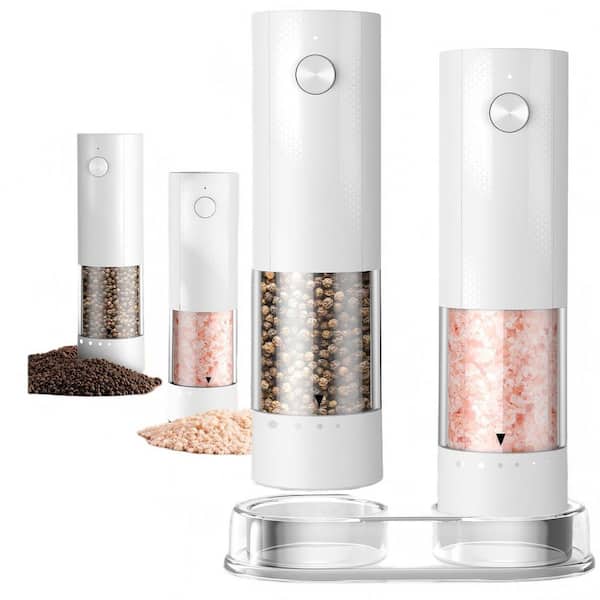 2-Pack Electric Salt and Pepper Grinder Set with External Adjustable Coarseness for Cooking, Home Gifts, White