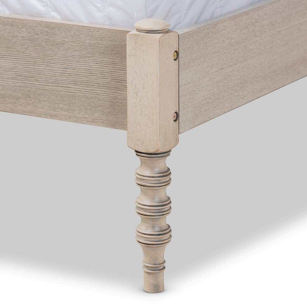 Antique White Oak Queen Wood Platform Bed Frame with Turned Legs
