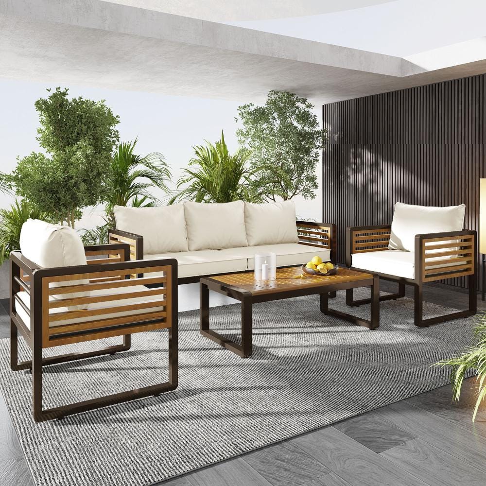 4-piece Outdoor Furniture Sofa for 5 Person Conversation Set with Beige Cushion, Brown Metal and Wood Frame Sofa Set price history on PriceWatchPro