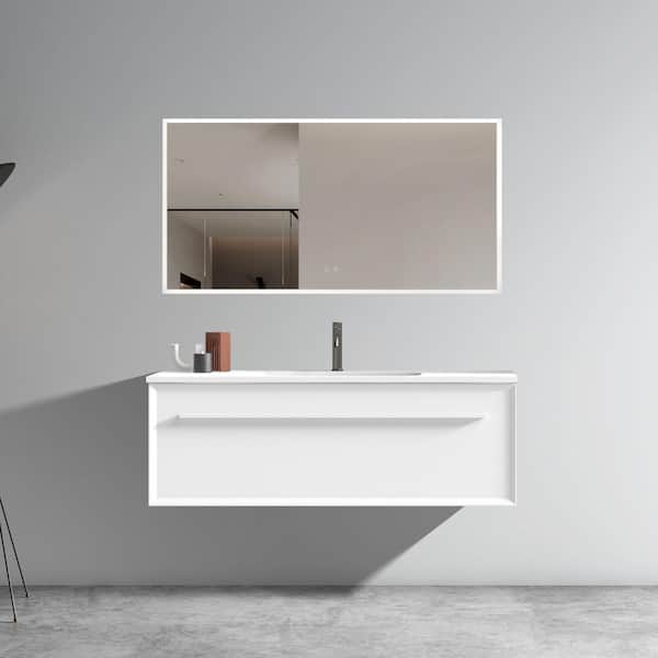 Unbranded 48 in. W x 18 in. D x 16 in. H Single Sink Wall-Mounted Bath Vanity in White with White Solid Surface Top