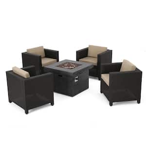 Puerta Dark Brown 4-Piece Faux Rattan Patio Fire Pit Seating Set with Beige Cushions