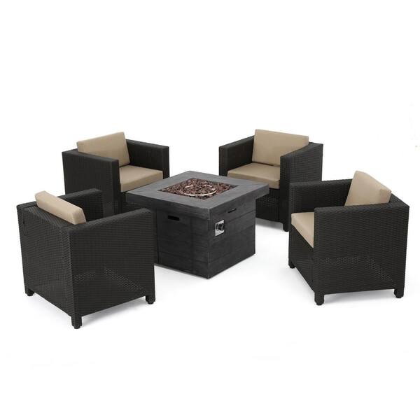 Noble House Puerta Dark Brown 4-Piece Faux Rattan Patio Fire Pit Seating Set with Beige Cushions