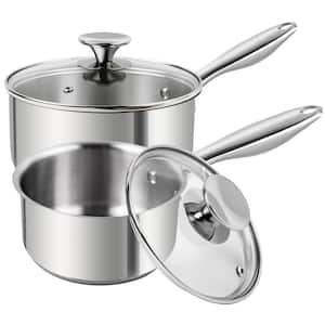 1 qt. 2 qt. Stainless Steel Nonstick Sauce Pan in Silver with Lids